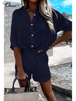 summer women sets celmia lightweight lapel long sleeve shirt and pleats elastic waist short suits casual cotton 2 pcs short sets