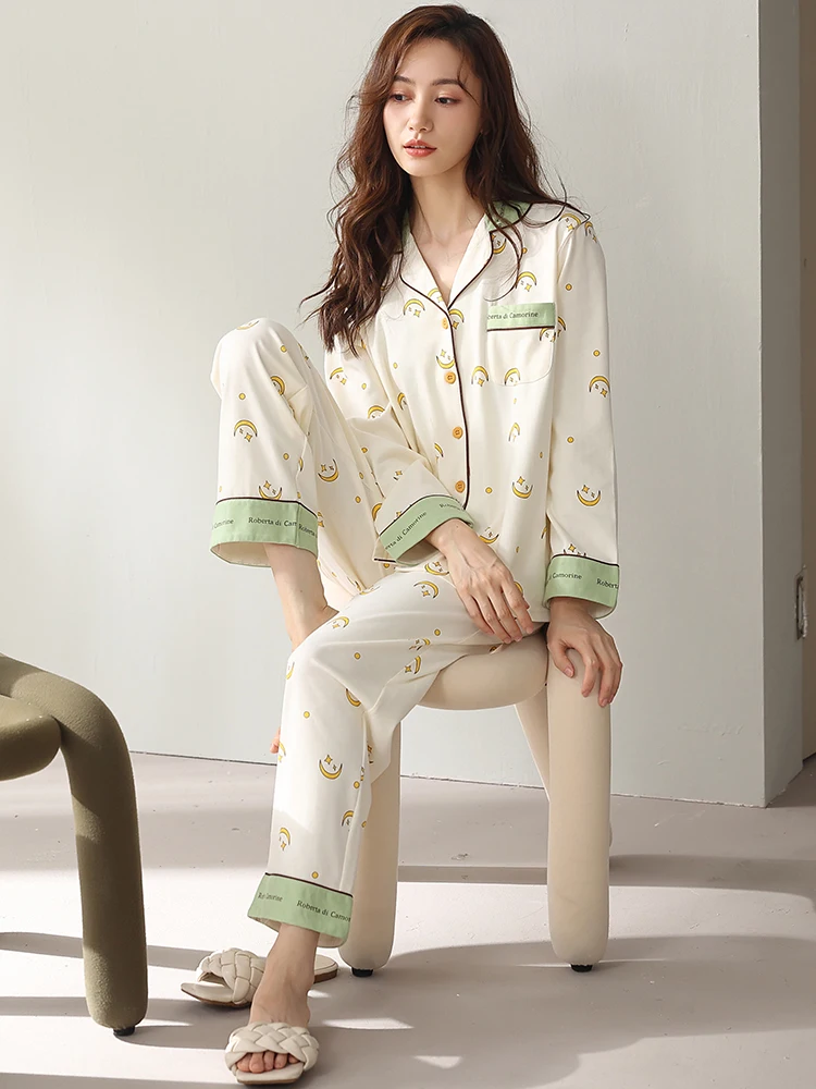 Winter Pajama For Women Fine Cotton Pijama Feminino Home Clothes Print Sleepwear Long Sleeves Nightwear PJ Cotton Pyjama Femme