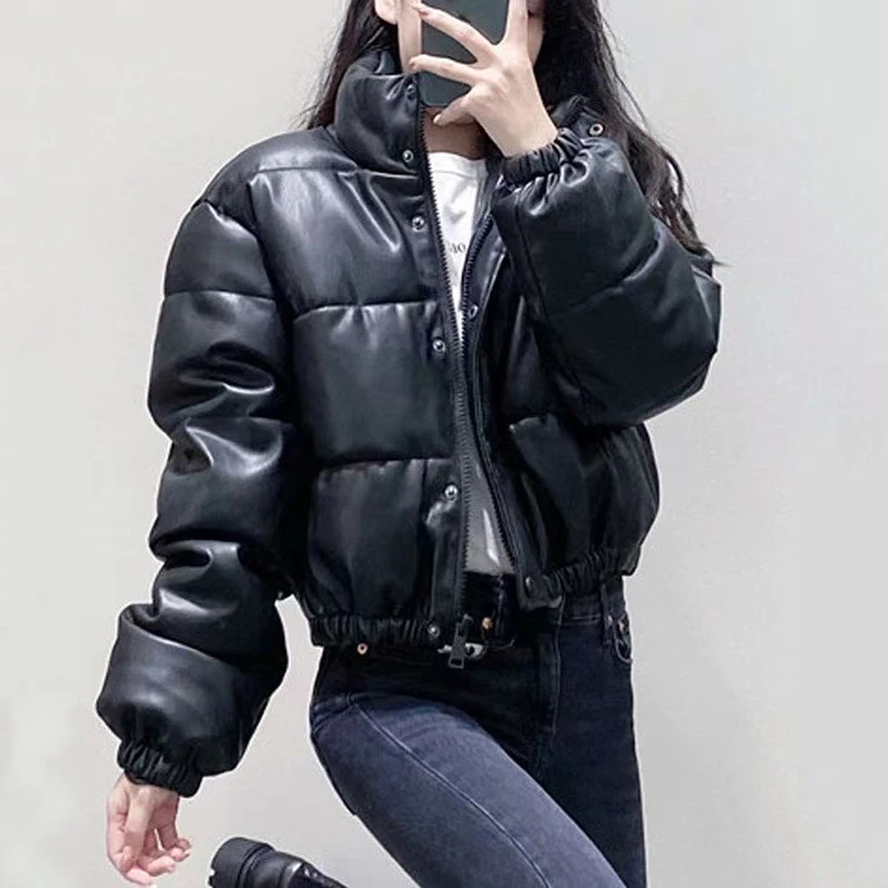 Black Pu Leather Winter Jacket Women Zipper Thick Warm Cotton Padded Coats Female Stand Collar Short Down Parkas 2023