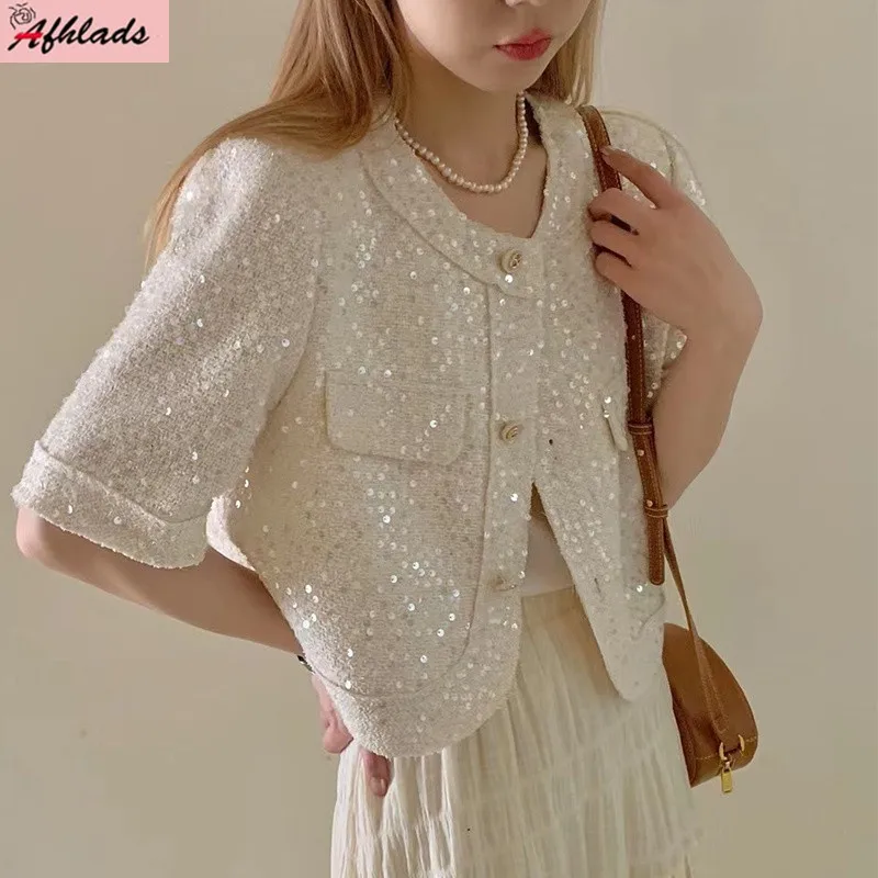 

Куртка женская однобортная с коротким рукавом, модный пиджак с блестками и круглым вырезом, роскошная верхняя одежда, лето