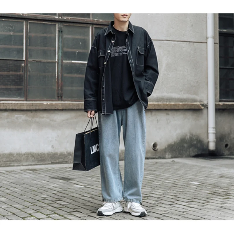Men Clothing 2022 Autumn New Straight Cylinder Loose Drawstring Jeans Vintage Comfortable Blue Temperament Harun Trousers Female