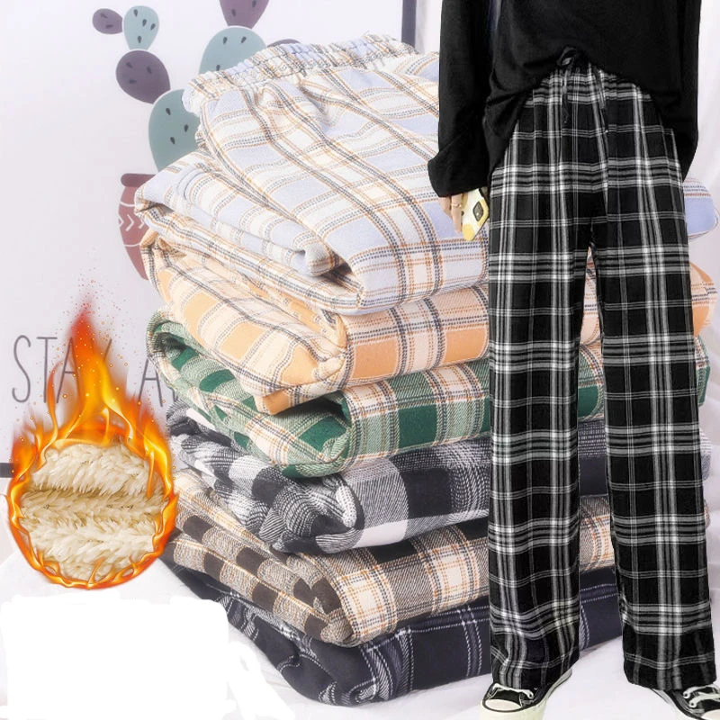 

Шаровары женские клетчатые с высокой талией, модная свободная теплая шерстяная подкладка, универсальные Широкие штаны с поясом на резинке, ...