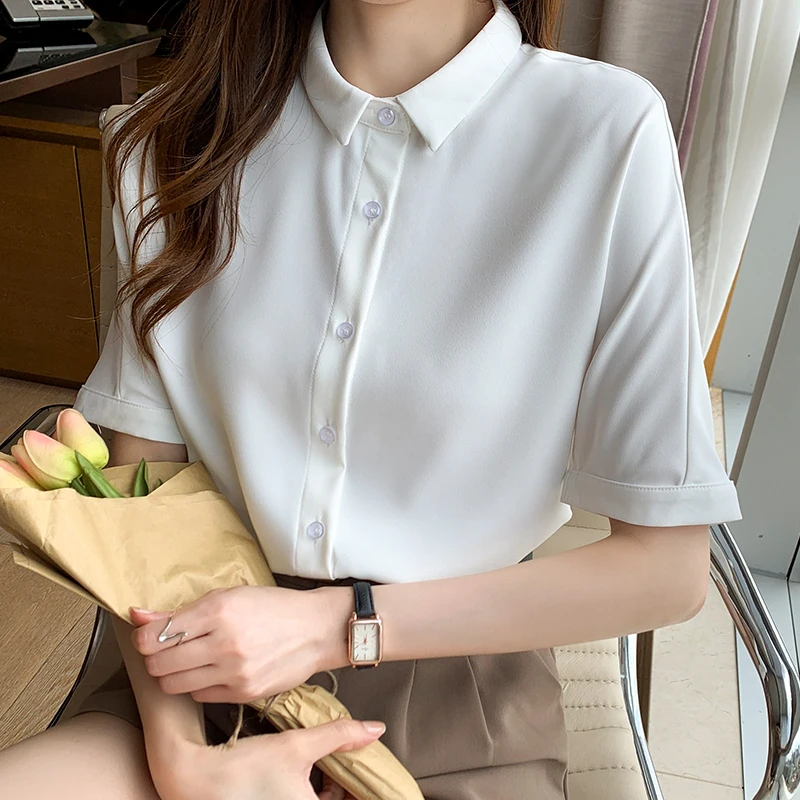 

White Color Female Short Sleeve Button Up Shirt Summer 2022 Korean Fashion Office Lady Chiffon Women Top Blouse Casual Shirts