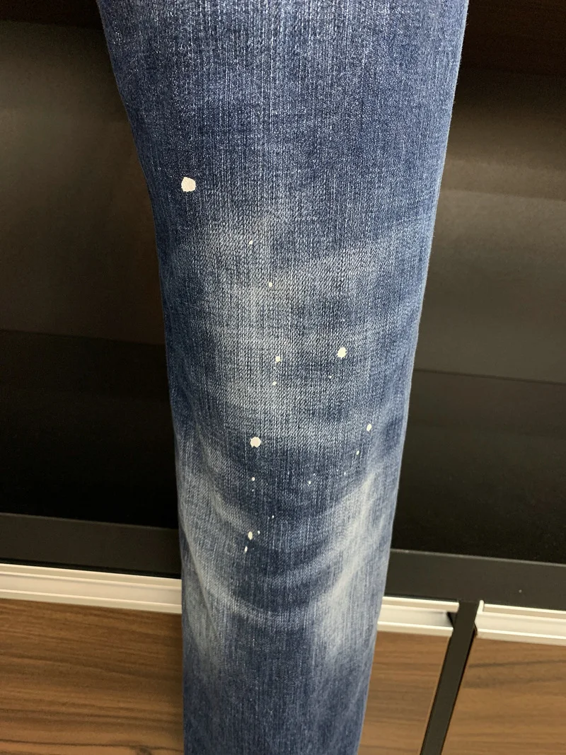 DSQUARED2 Men's/Women's Washed Blue Simple Slim-Fit Stretch Hole Patch Jeans 9626