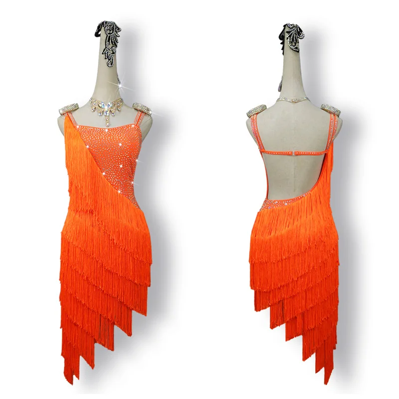 

2022 Women Latin Dance Dress Orange Sexy Fringe Sparkly Rhinestone Skirts Lady Latin Salsa Chacha Standard Costumes Custom-made