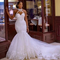 Designer Lace Mermaid Wedding Dresses 2022 Mermaid Plus Size Bridal Gowns Sparkly Beads Sexy Arabic Aso Ebi 2023 White Marriage