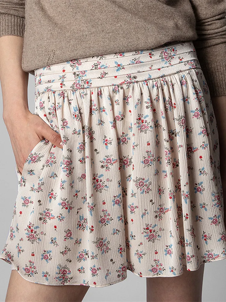 

Clearance Price Summer Women's Mini Skirt Floral Printed Pleated Sweet All-Match Female Short Jupe with Pockets