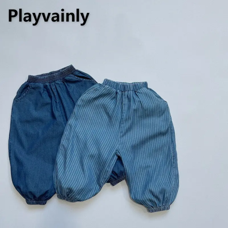Новые весенние брюки для маленьких мальчиков и девочек с фонариками синие джинсовые брюки в полоску с эластичным поясом Свободные повседневные брюки детская одежда E1182