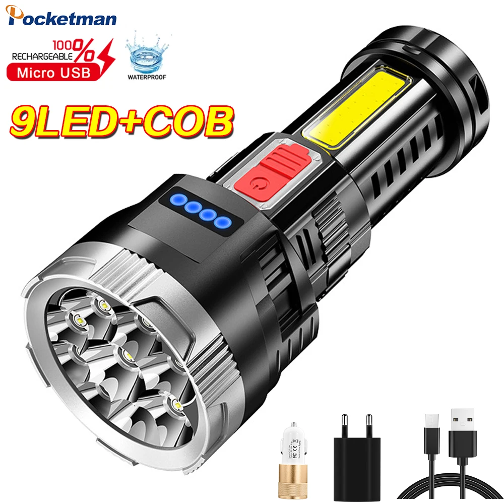 

9LED+COB Rechargable Flashlight 4 Modes Built in Battery Torch Ultra Bright Waterproof for Outdoor Canping Lanterna