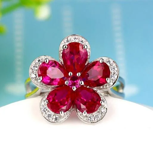 

ANGLANG Luxury Women Flower Design Engagement Rings AAA Red Cubic Zirconia Proposal Rings for Girlfriend Fine Anniversary Gift