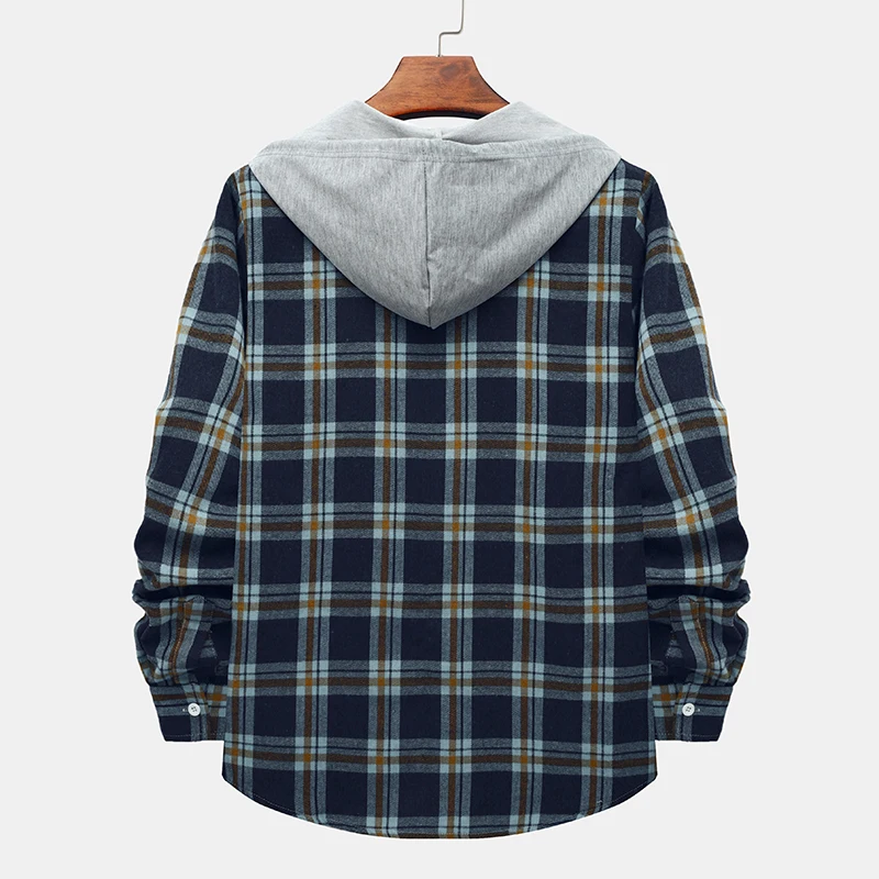 Parklees 2023 New Blue Plaid Hooded Shirts for Men Long Sleeve Cotton Button Down Shirt Fashion Casual Streetwear Mens Clothing
