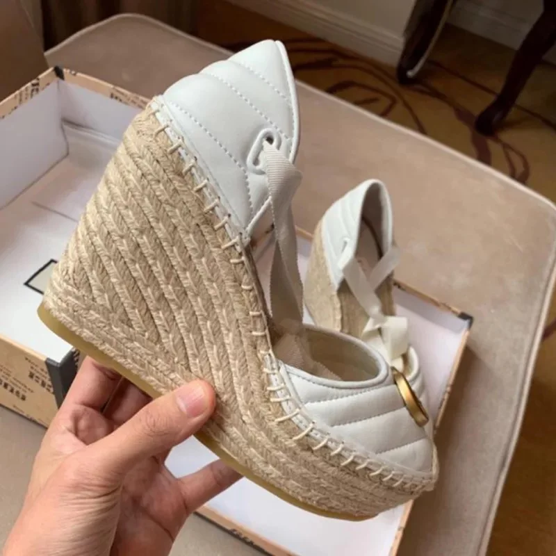 

2019 Spring Summer Braided Wedge Sandals Women Platform Muffine Shoes Genuine Leather Metal Decoration Ankle Strap Design Pumps