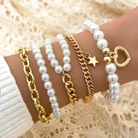 aprilwell 5 pcs bohemian pearl bracelet set for women charms vintage elegant geometric heart double chains couple jewelry gifts
