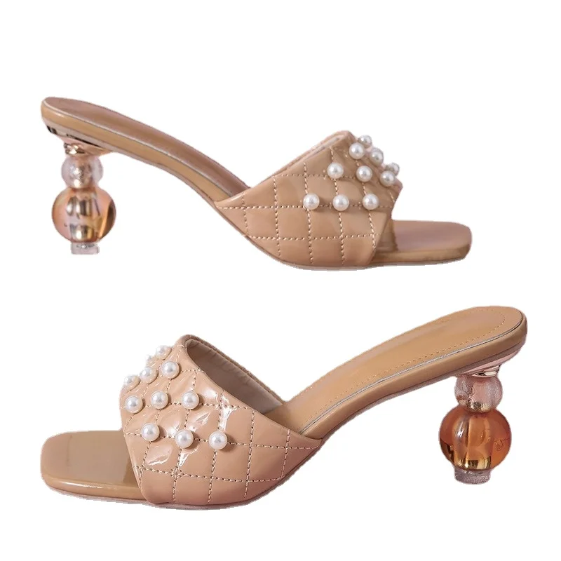 

New High Heels Sandals Women 2022 Summer Sexy Square Toe Pearl Decorate Ladies Slippers Fashion Gourd Stiletto Women Slippers