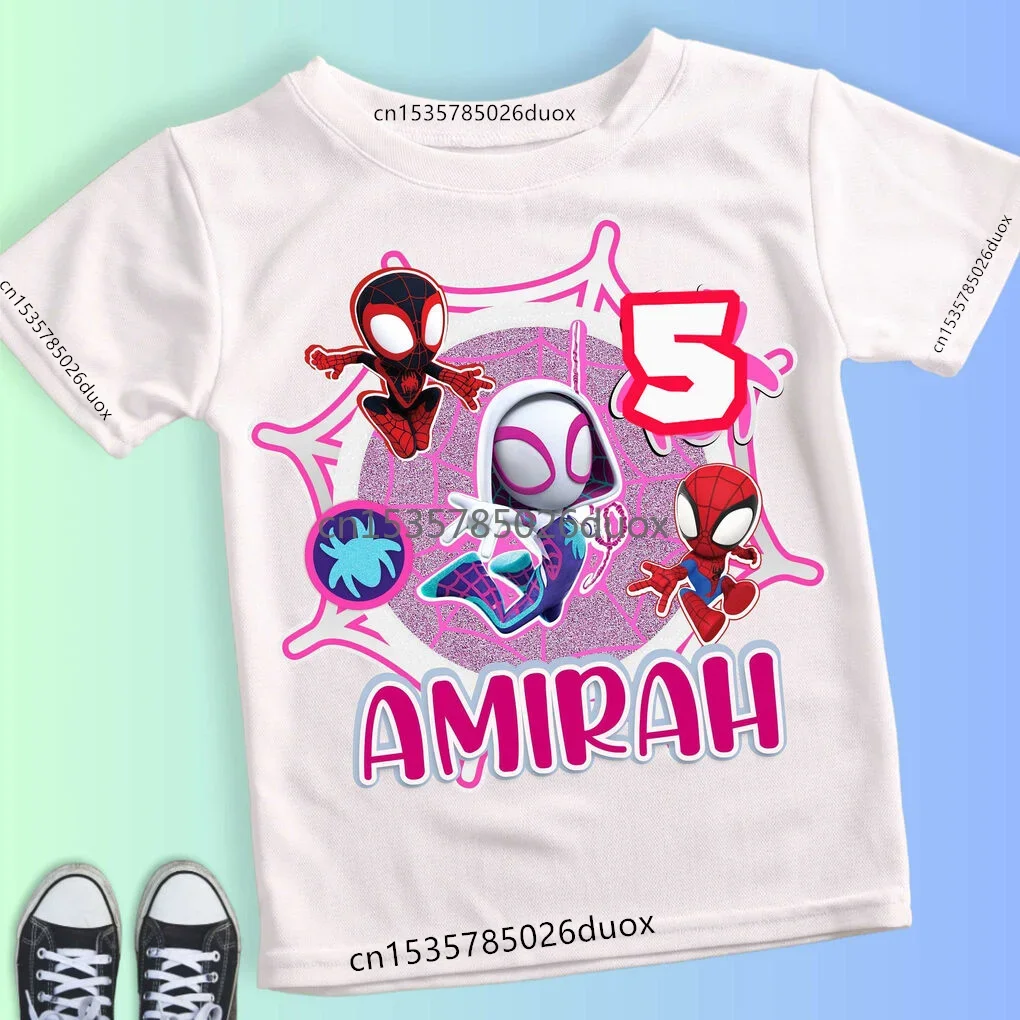 Children Summer 2 3 4 5 6 7 8 9 Marvel Spiderman Girl Birthday Short Sleeve Shirt Custom Name Kid Tshirt