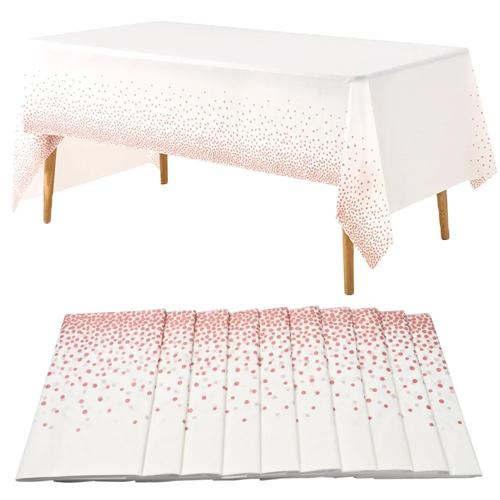 

10 Pack 54" x 108" Disposable Tablecloths Plastic Table Cover for Rectangular Tables Rose Gold Dot Confetti Table Cloths for Par