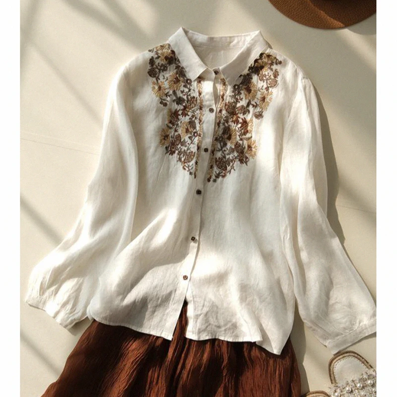 

Cotton and Linen Top Literary Embroidered Linen Shirt Women Long Sleeve Thin Ramie Shirt Casual Slim Blouse Women Tops