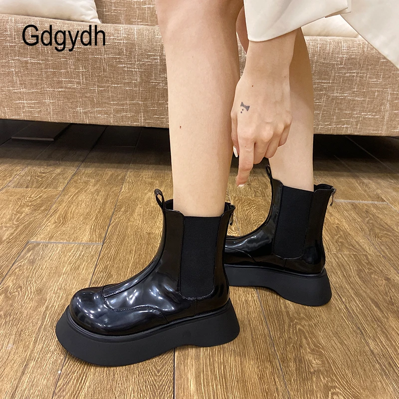 

Gdgydh Women's Platform Chelsea Boots Patent Leather Fall Winter Shoes Woman Thick Lug Sole Mid Calf Boots Black Wedge Heels