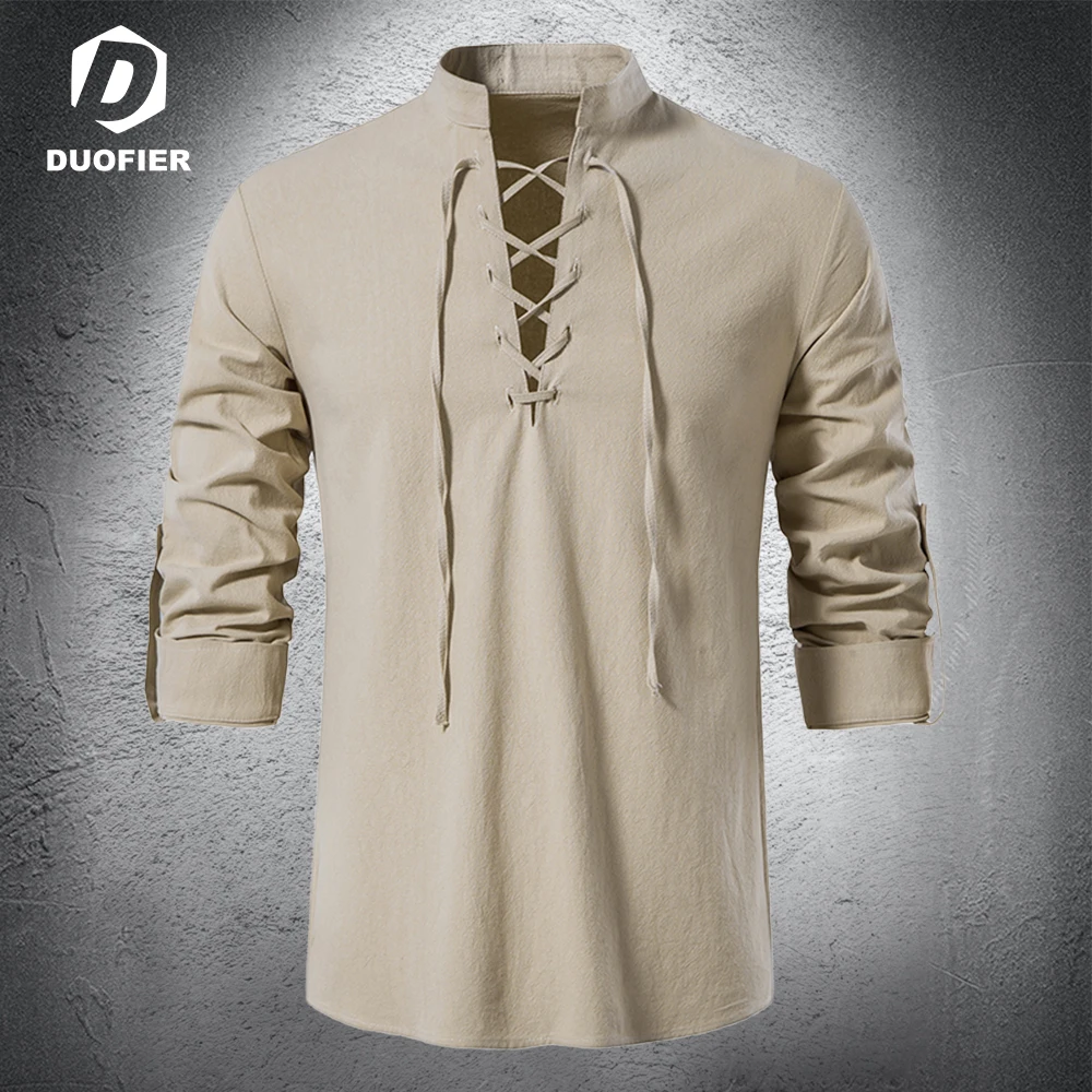 Рубашка мужская с воротником-стойкой блуза из хлопка и льна Повседневная сорочка