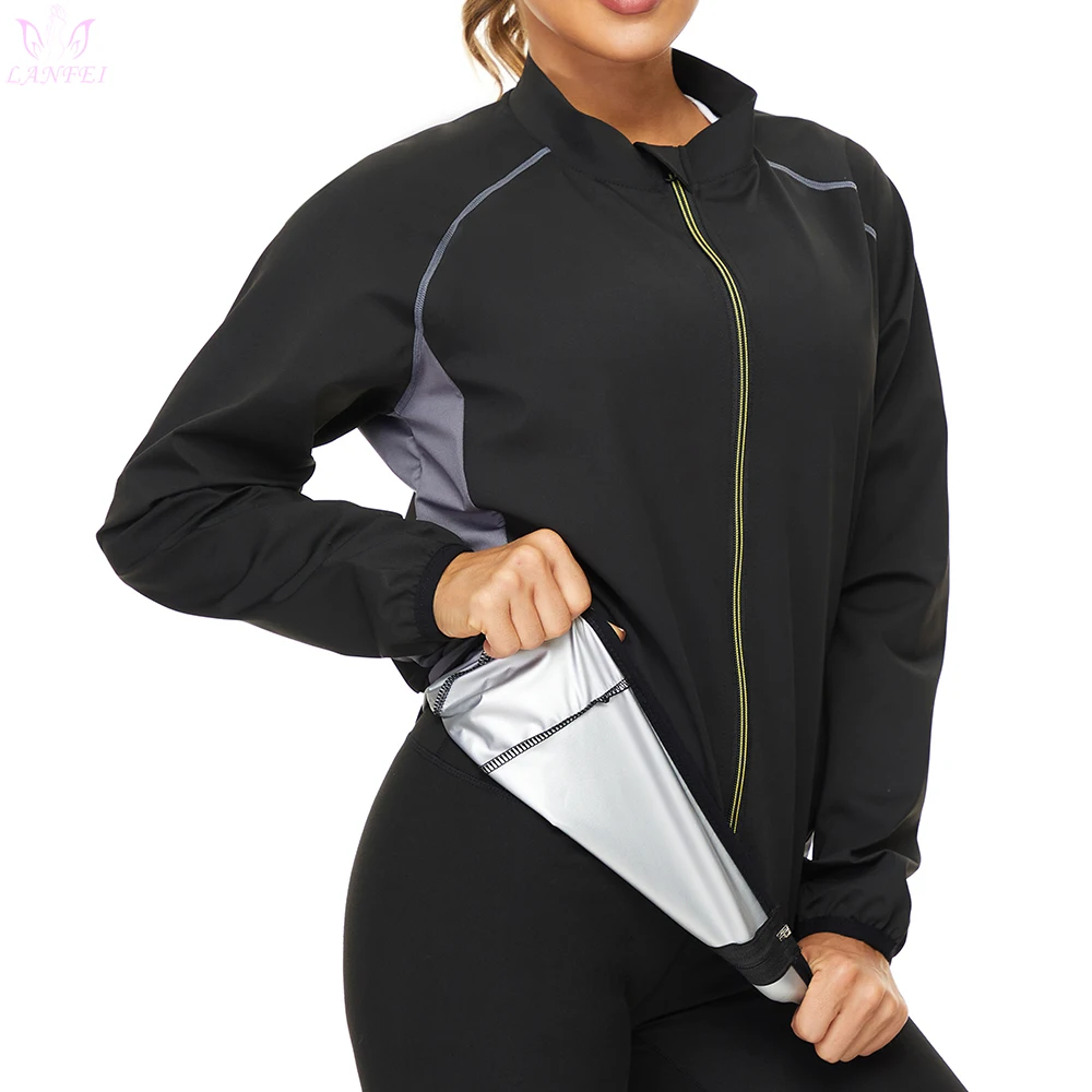 

LANFEI Женская куртка для сауны, тренировочный Женский Топ с длинным рукавом, топ для сжигания жира, быстрое потоотделение, формирователь тела, тонкая термо спортивная одежда