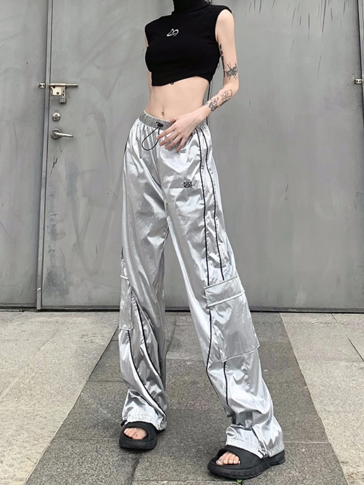 

Silver Straight Pants Shinny Streetwear Y2k Clothes Summer High-waisted Trousers Women Slim Causal Fashion Hot Pantalones Mujer