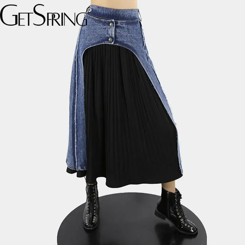 

GetSpring Women Skirt Black Pleated Stitched Denim Skirts High Waist Loose Leisure Long Jean Skirts Autumn 2022 Fashionable New