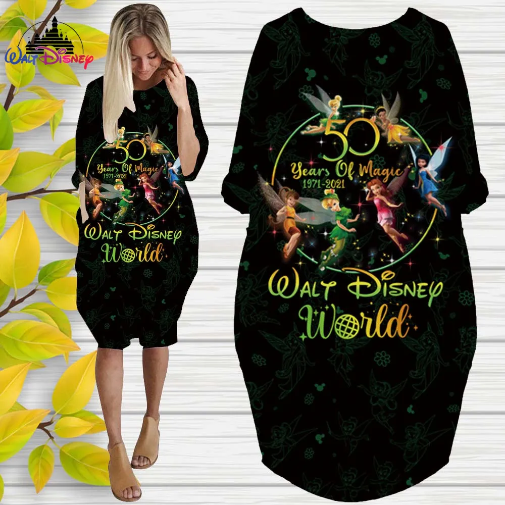 

Peter Pan Disney's 50th Anniver 3D High Quality Printing Girl Trend Wild Loose Long Sleeve Over The Knee Dress Womens