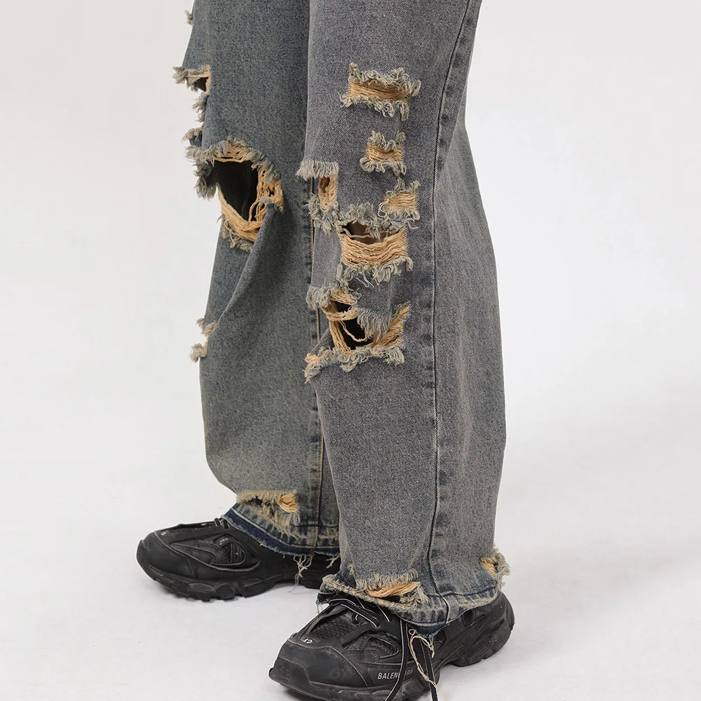 Men's Summer Casual Jeans Men's New Korean Style Fashion Personality Straight Hole Men's Trousers Retro Trousers INS Hot Sale