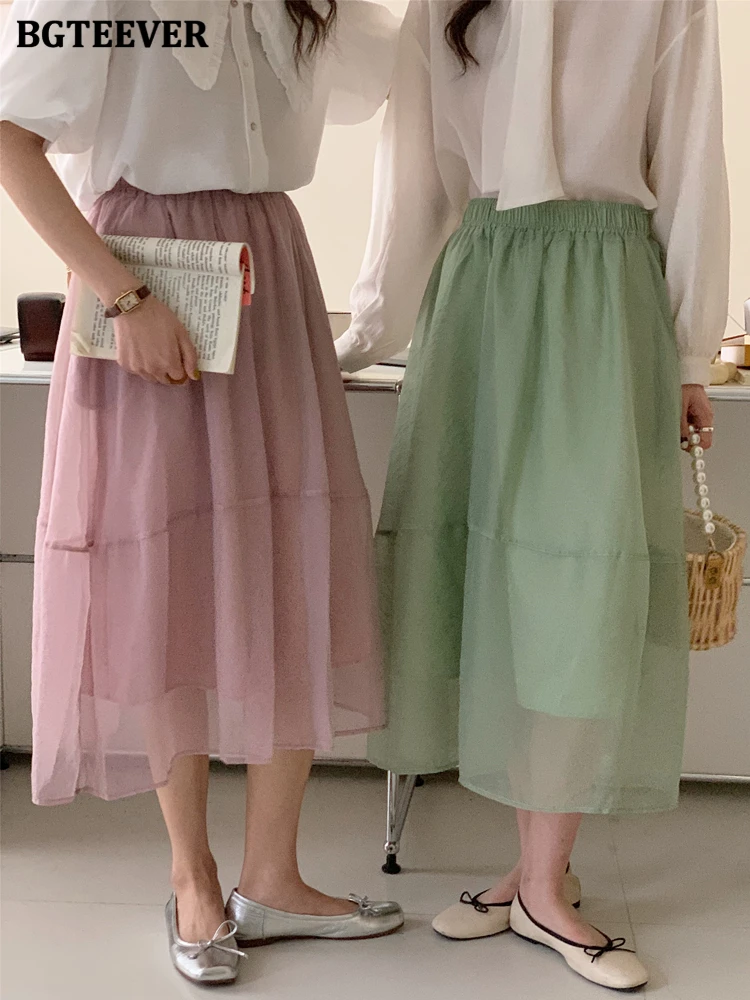 

BGTEEVER Elegant Loose Female Mid-Length A-line Skirts Stlyish Elastic High Waist Ladies Solid Skirts Spring Summer Women Skirts