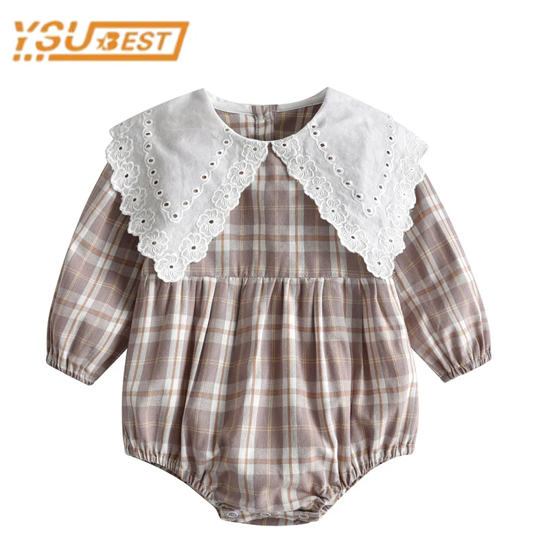 

0-2Yrs Spring Infant Baby Girls Long Sleeve Grid Rompers Doll Collar Baby Girls Clothes Rompers Kids Baby Girl Rompers