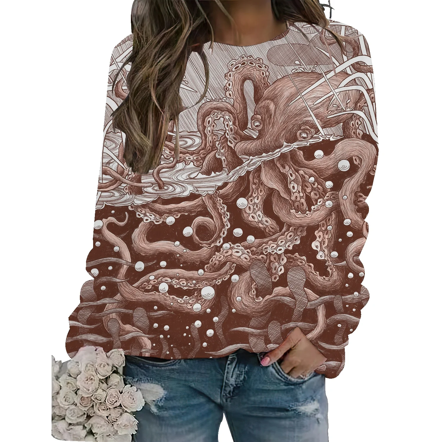 

Vintage sweater women's autumn and winter octopus Europe and the United States hiphop letter printing capless gray top