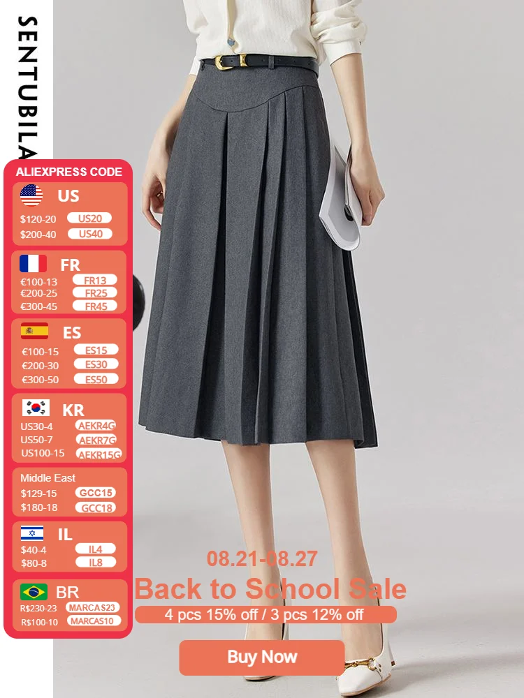 

Sentubila Grey A Line Pleated Skirts for Women 2023 Spring Summer Office Ladies Workplace Elegant Basic Solid Loose Midi Skirt