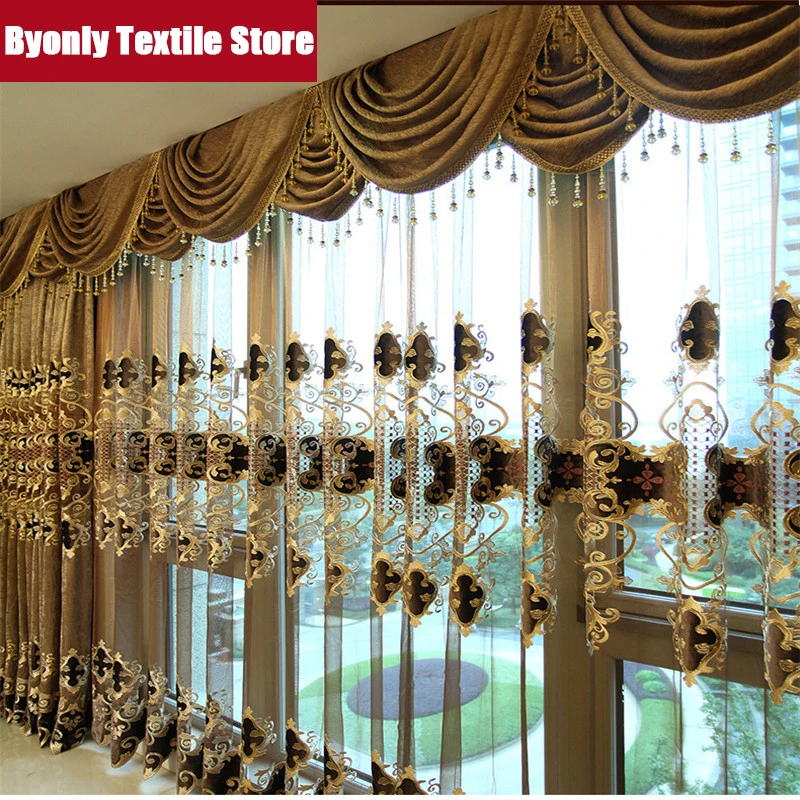 

European Luxury Brown Embroidered Gold Curtains for The Living Room with The Sheer Suitable Windows Backdrop Curtain for Bedroom