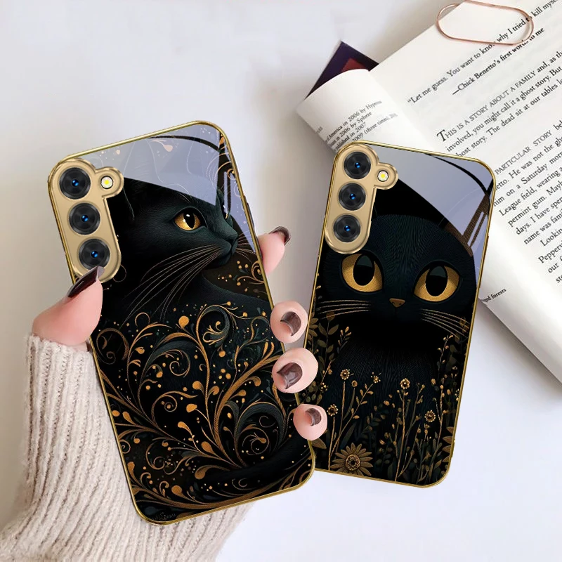 Фото Фантастический черный кот для Samsung Galaxy S20 FE S21 S22 S23 Plus S24 Ultra S25Ultra S21+ S9+ S22Plus золотой стеклянный чехол для телефона №4