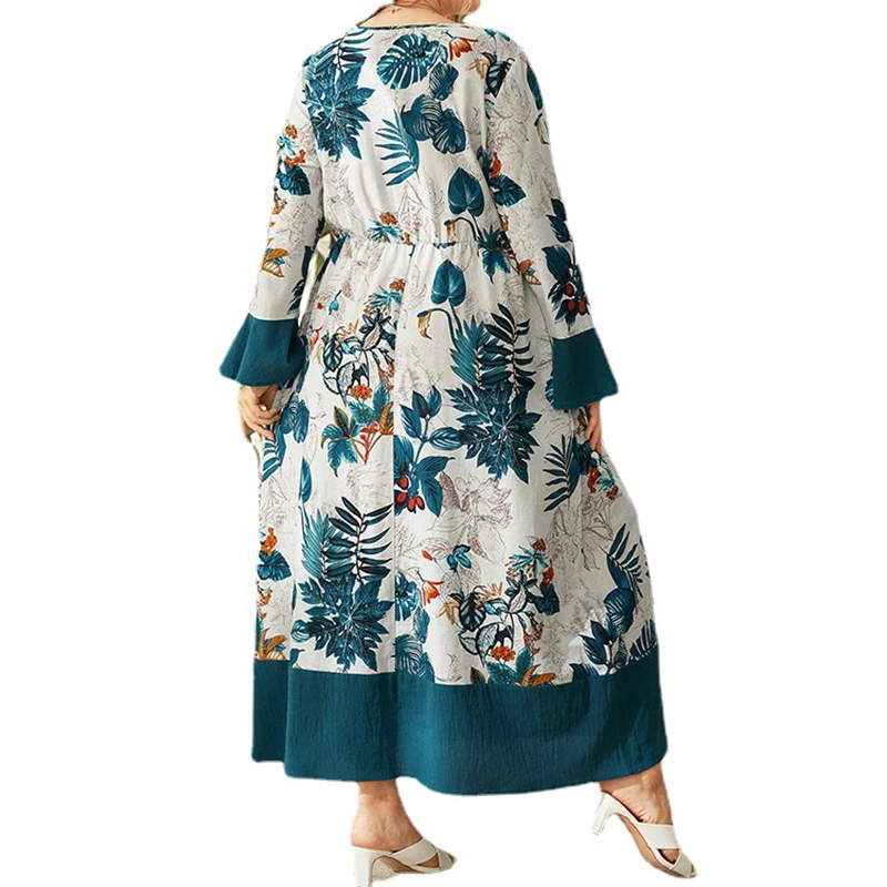 New Muslim Women's Dress Fashion V-Neck Trumpet Sleeve Floral Print Dress Dubai Arab Turkey Islam Femme Elegant Gown Vestidos