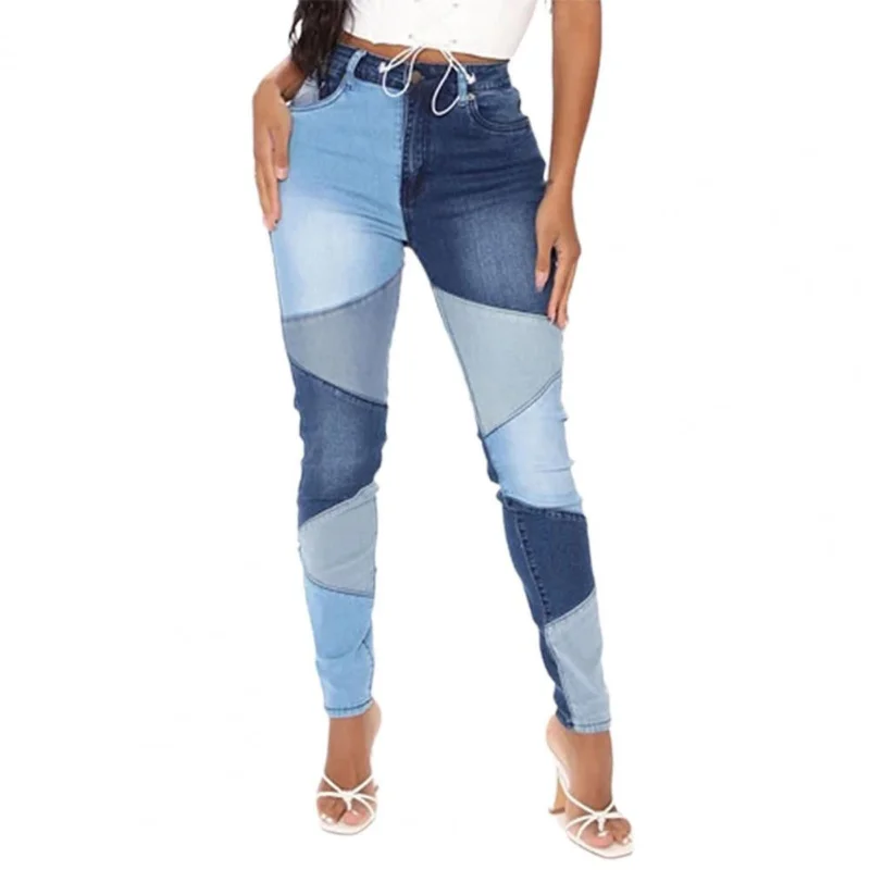 Fashion Women Splicing Jeans Slim Casual Tight High Waist Denim Trousers for Female Vintage Patchwork Skinny Pants Streetwear