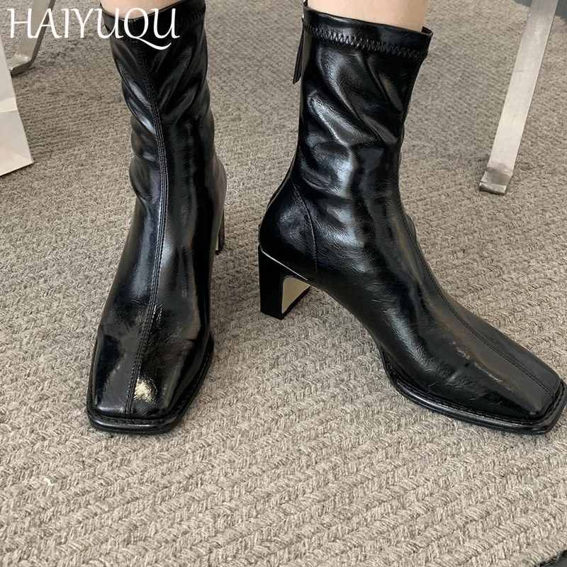 Женские кожаные ботильоны с квадратным носком дизайнерская модная повседневная