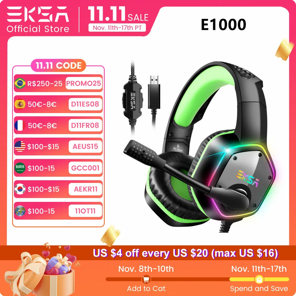 Gaming Headphones For PC/PS4/PS5 EKSA E1000 7.1 Surround RGB Gaming Headset Gamer USB Wired Headphones with Noise Cancelling Mic