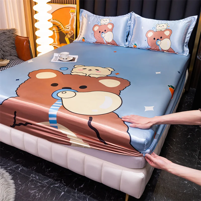 

Satin Bed Linen for Single Bed Cartoon Fitted Bed Sheet for Kids Ice Cooling Summer Mattress Cover180 (pillowcase need order)