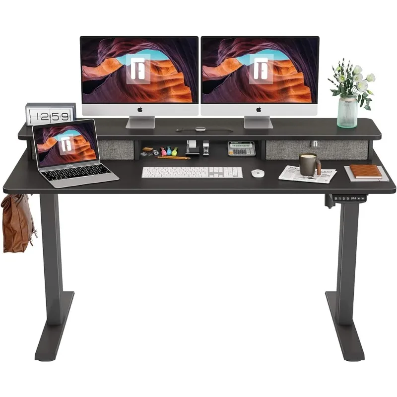 

FEZIBO Height Adjustable Electric Standing Desk with Double Drawer, 55 x 24 Inch Stand Up Table with Storage Shelf, Furniture