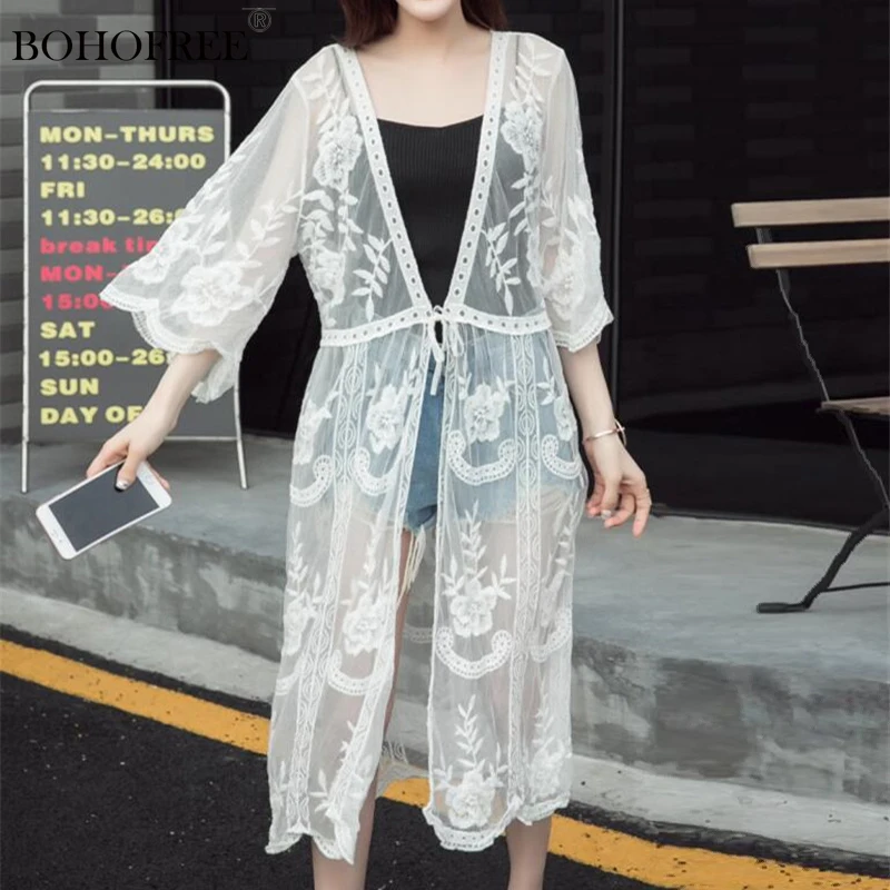 

Bohemian Embroidery Floral Gauze Holiday Beach Style Belt lace up Bikini pullover Sun protection Women Long Cover-ups Kimono