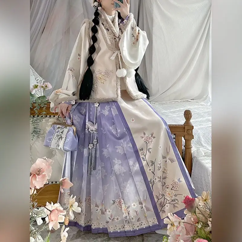 Розовое женское платье Hanfu Mingxian с вышивкой теплый чем воротник для ногтей рукав