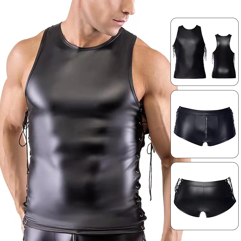 Mens Patent Leather Boxers Pants Wet Look Shorts Underwear Nightclub Strap Vest Tops Clubwear Dancing Hot Pants Costumes