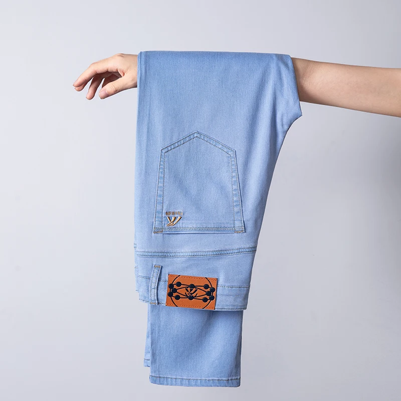 

2023 Spring Summer Lyocell Untr Tin Men's Light Blue Straight Jeans Business Fashion Denim Stretch Pants Brand Trousers Male