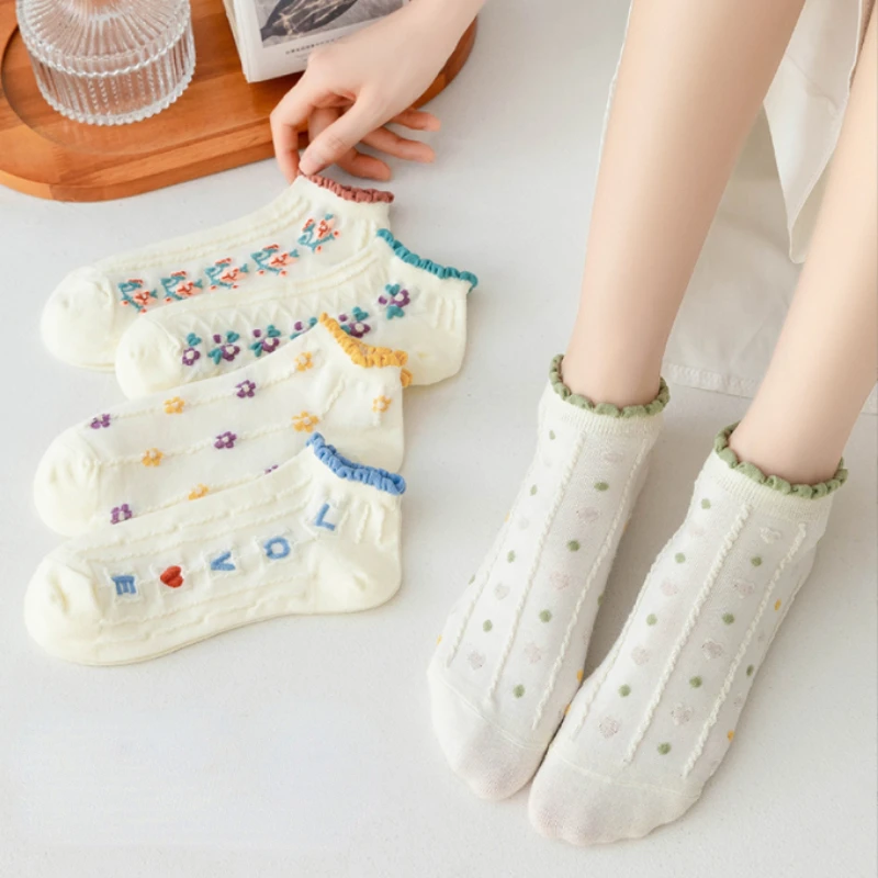 

5 парт/лот женские хлопковые невидимые носки с вышивкой новинка милые короткие носки-лодочки носки женские дышащие