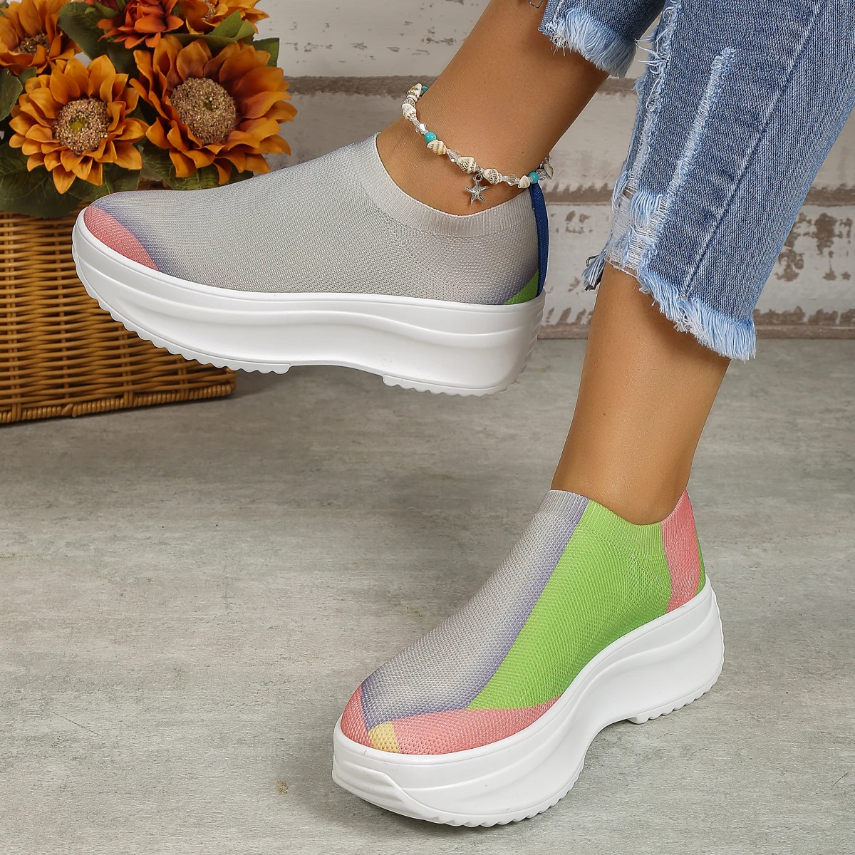Patchwork Breathable Knit Sneakers for Women 2023 Fashion Mixed Color Platform Loafers Woman Thick Bottom Vulcanized Shoes 36-42