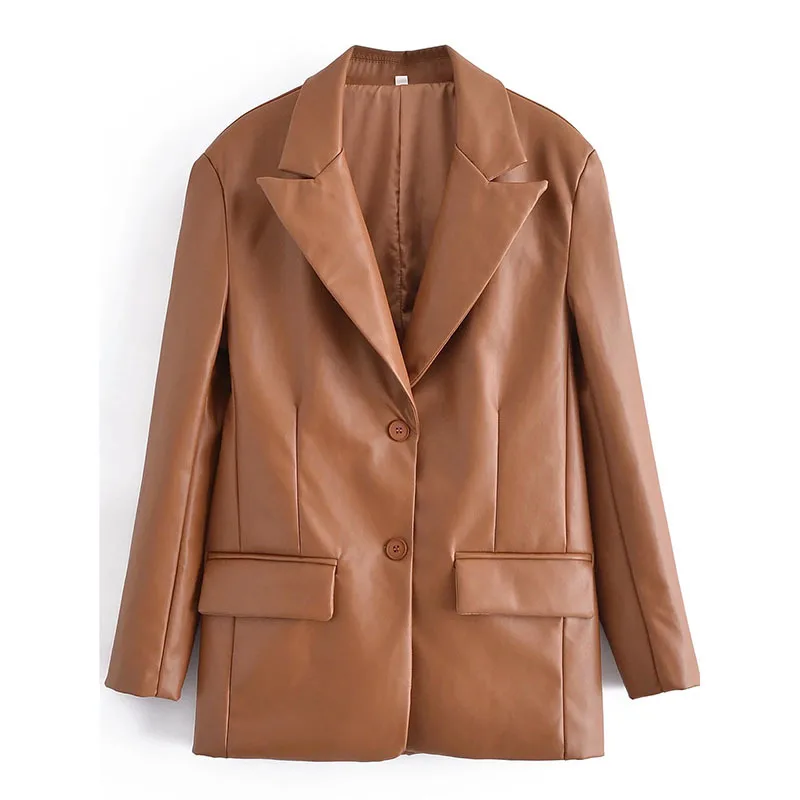 

Streetwear Fashion Women Brown Faux PU Leather Blazer Coat Spring Autumn Casual Single-breasted Lapel Long Sleeve Female Outwear