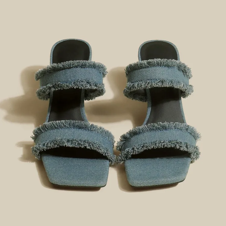 

Босоножки женские джинсовые на тонком каблуке 6 см, шлепанцы, квадратный носок, бахрома, синие, летняя обувь, 2023