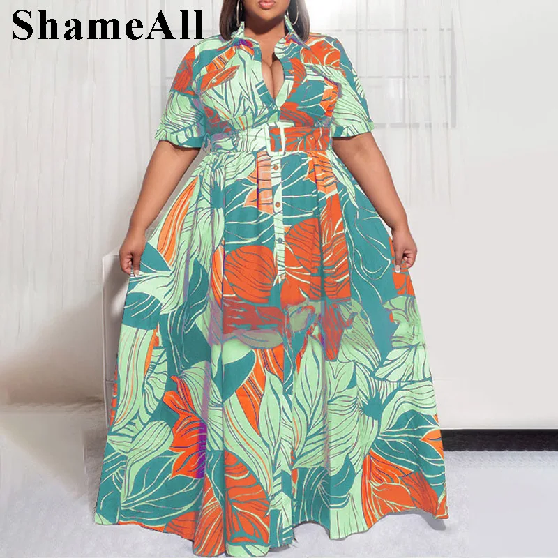 

Plus Size Leaves Print Long Maxi Button Up Belted Shirt Dress 4XL Summer Short Sleeve High Waisted Sashes Single-breasted Dress