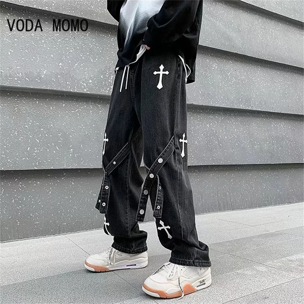

Cross Print Jeans Men's Trendy High Street Casual Straight-leg Pants Harajuku Style Fashion Street Men's Trousers jeans for men